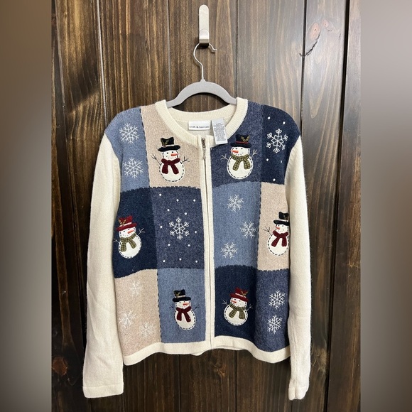 Wool-blend Snowman Patchwork Zip Cardigan- Size: Small - Picture 8 of 10